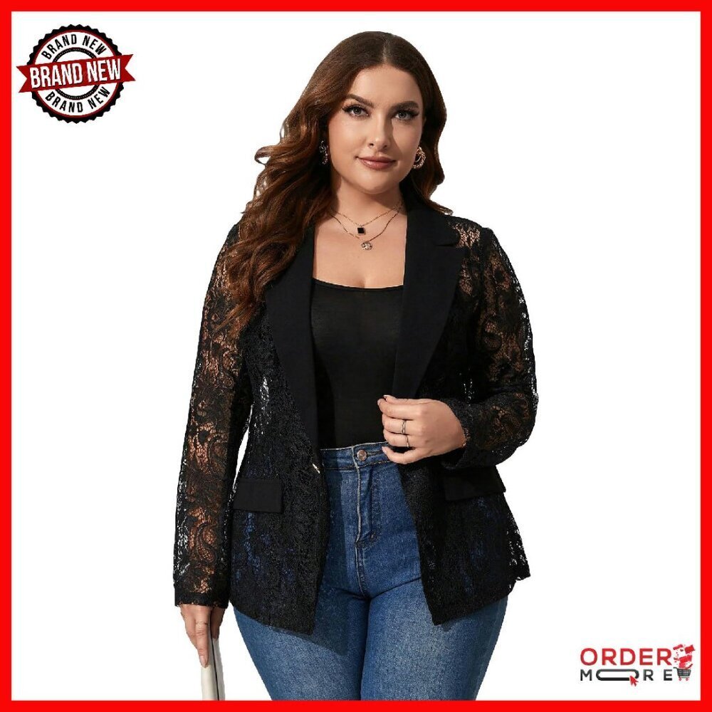Plus Size Lace Blazer Button Front Lapel Long Sleeve Elegant